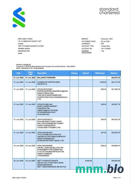 India Standard Chartered wyciąg z konta bankowego szablon Worda i PDF, 2 strony, Wersja 2